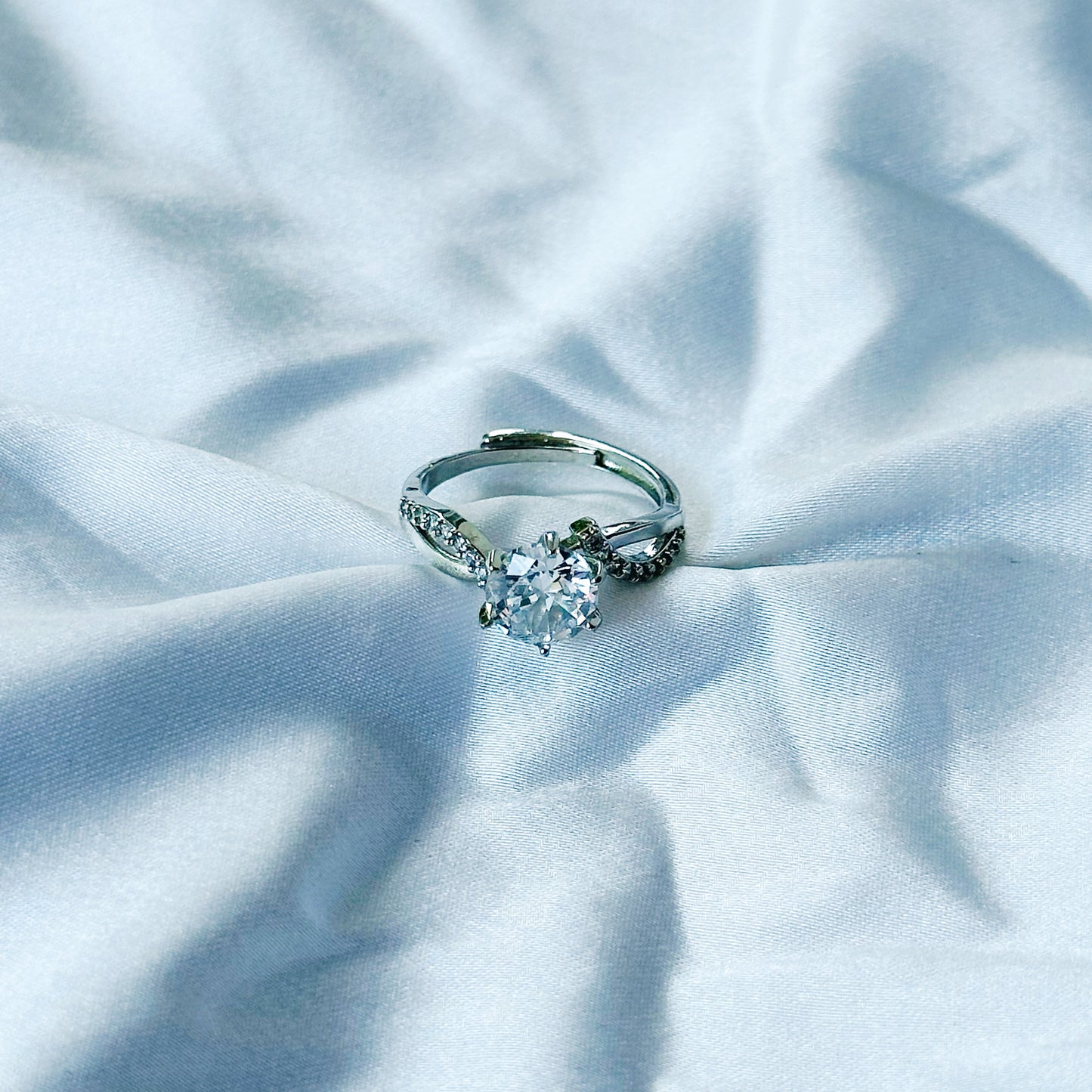 Solitaire Cubic Zircon Stone American Diamond Silver Plated Adjustable Ring