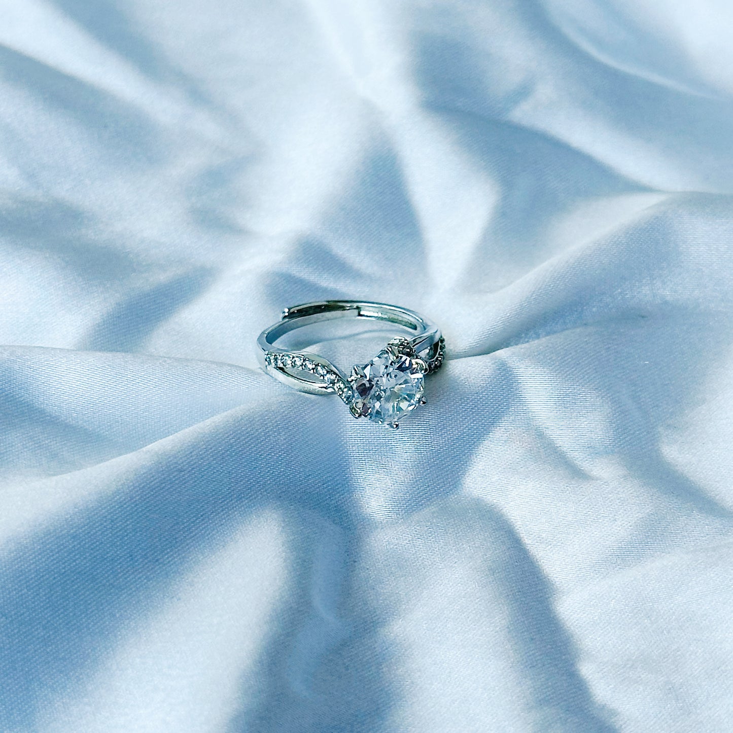 Solitaire Cubic Zircon Stone American Diamond Silver Plated Adjustable Ring