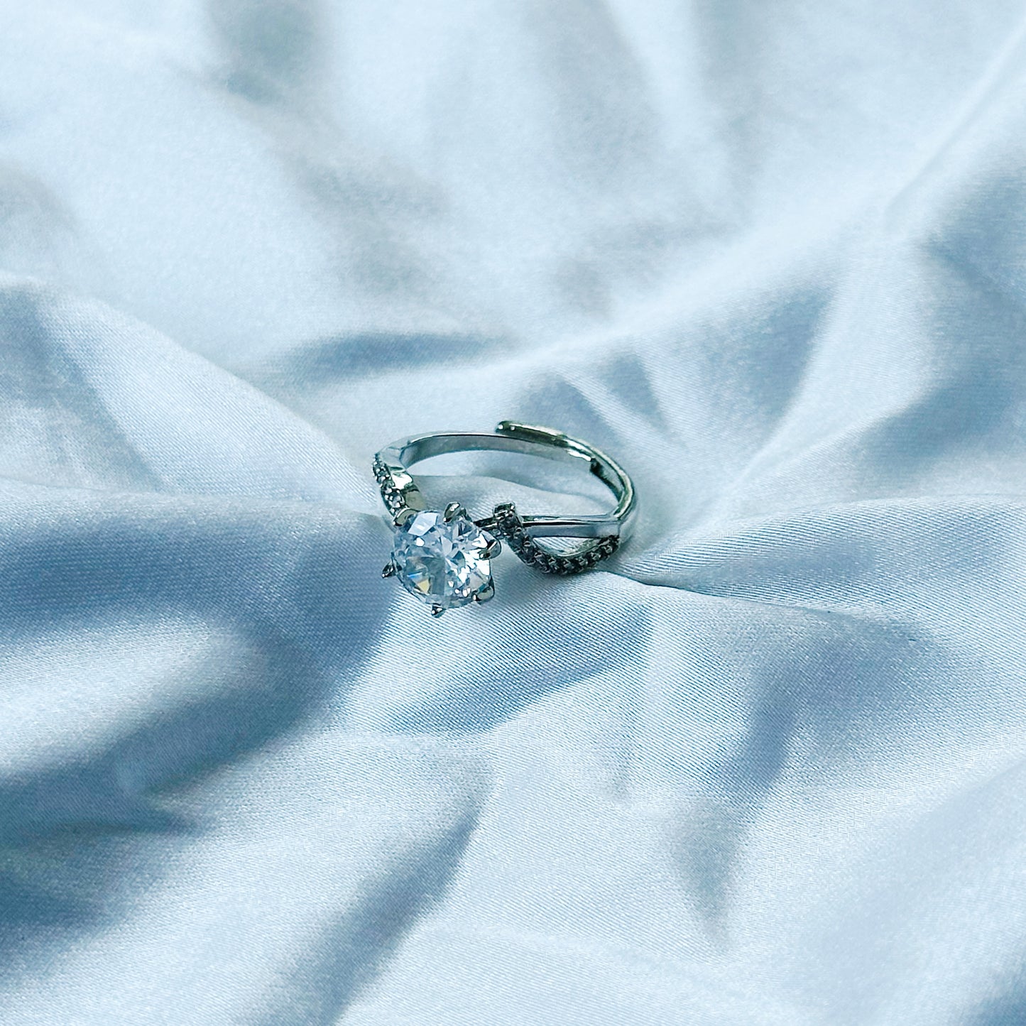 Solitaire Cubic Zircon Stone American Diamond Silver Plated Adjustable Ring