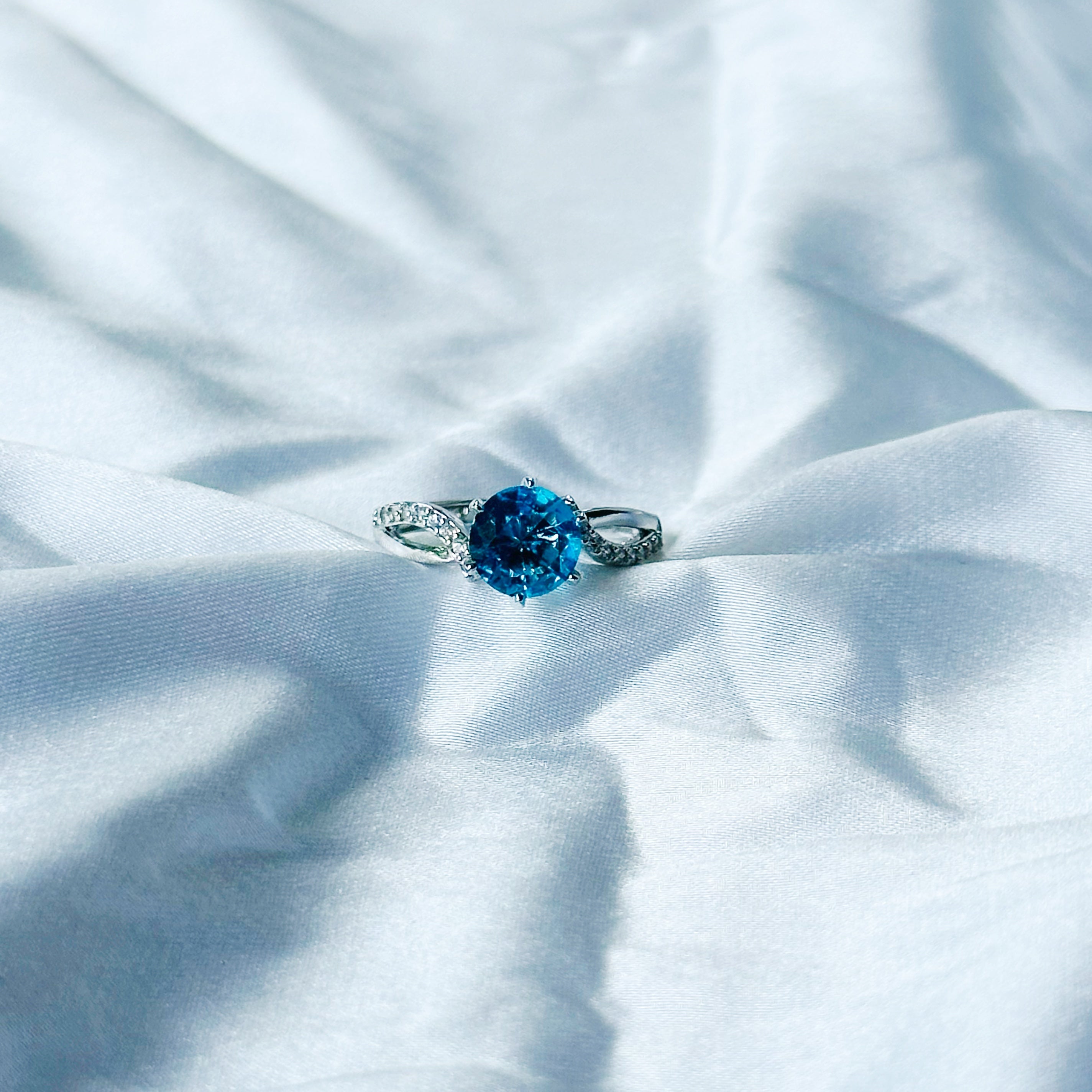 Aqua Blue Sapphire Cubic Zircon Stone American Diamond Silver Plated Adjustable Ring