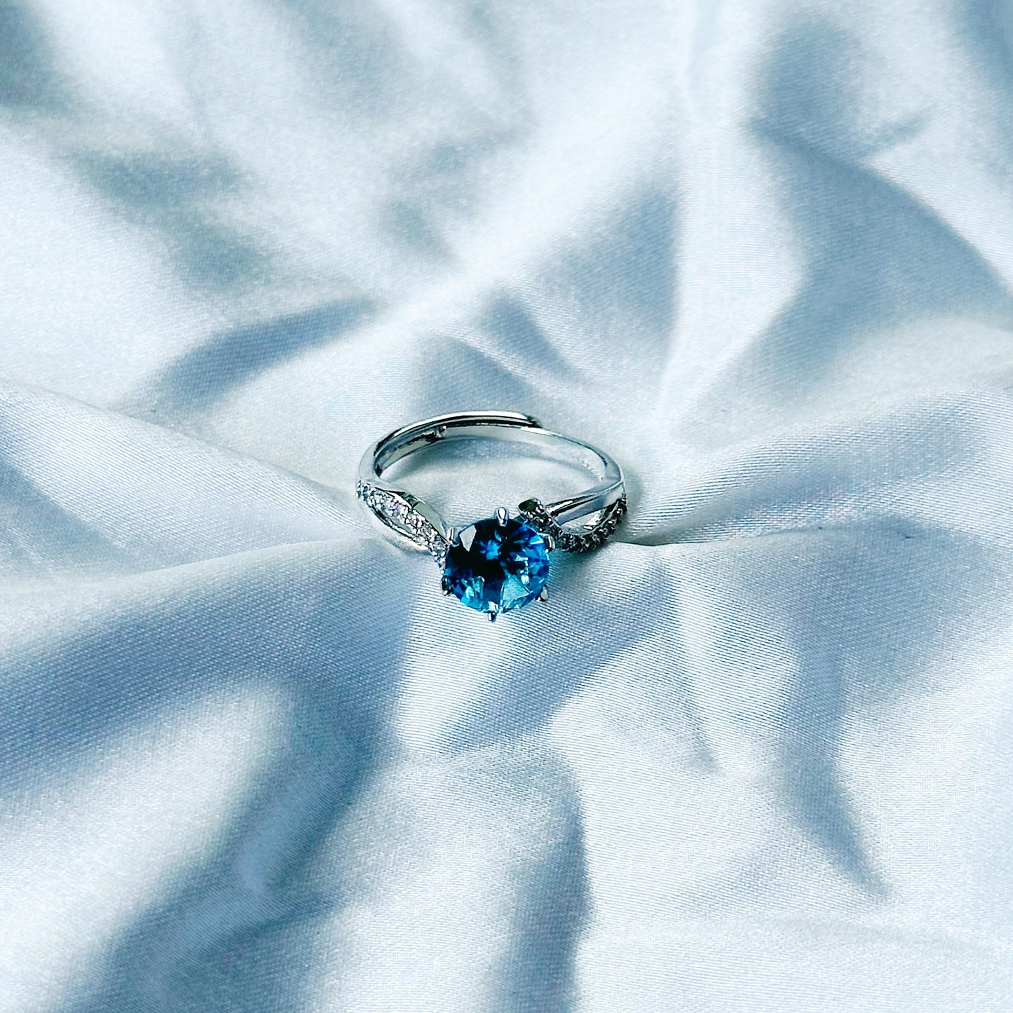 Aqua Blue Sapphire Cubic Zircon Stone American Diamond Silver Plated Adjustable Ring