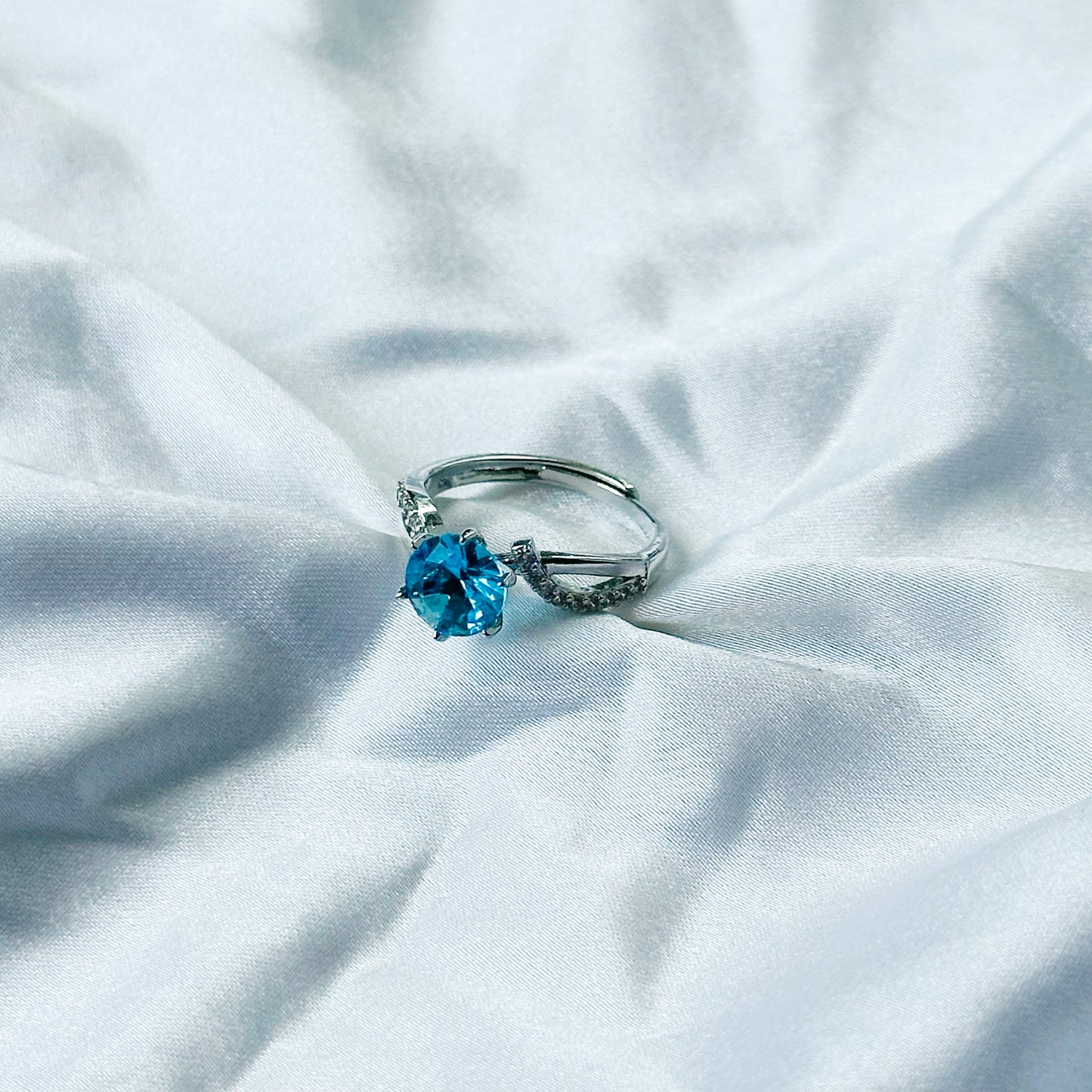 Aqua Blue Sapphire Cubic Zircon Stone American Diamond Silver Plated Adjustable Ring