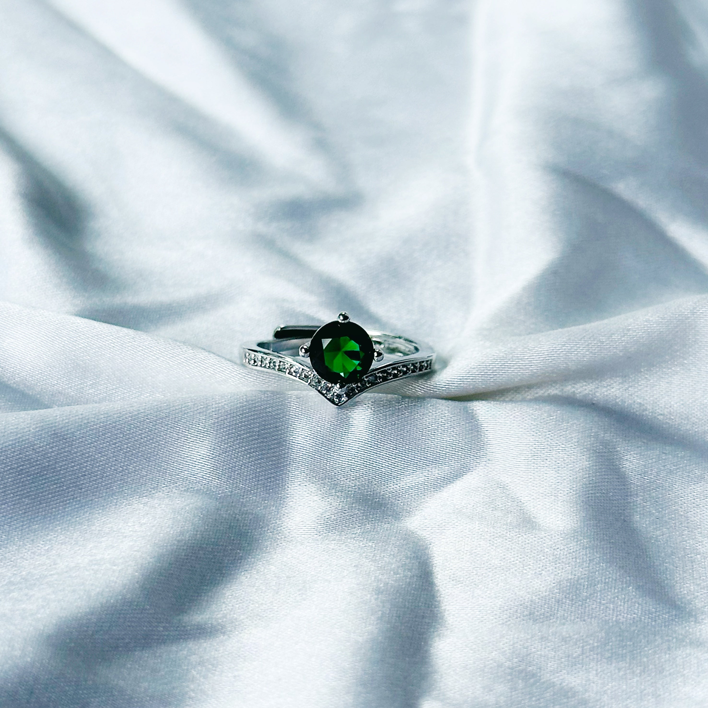 Green Emerald Cubic Zircon Stone American Diamond Silver Plated Adjustable Ring