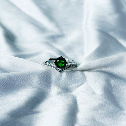 Green Emerald Cubic Zircon Stone American Diamond Silver Plated Adjustable Ring