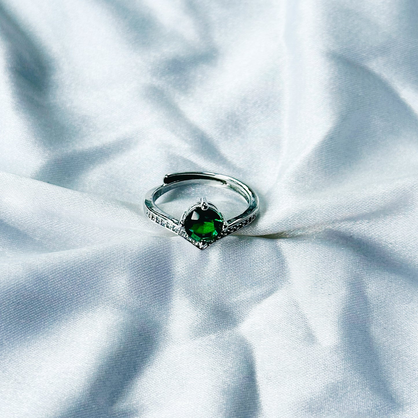 Green Emerald Cubic Zircon Stone American Diamond Silver Plated Adjustable Ring