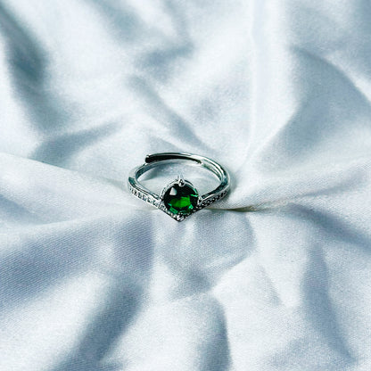 Green Emerald Cubic Zircon Stone American Diamond Silver Plated Adjustable Ring