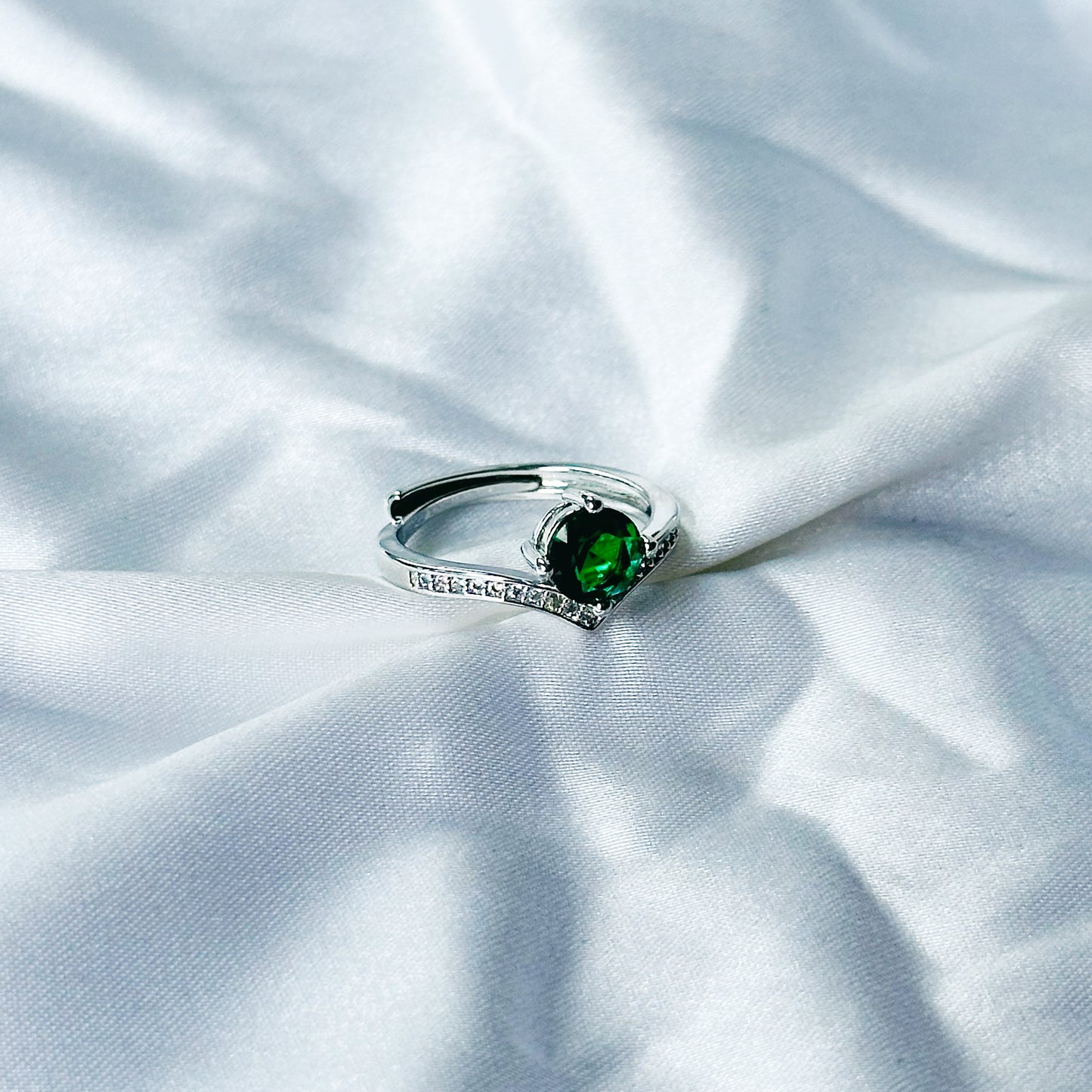 Green Emerald Cubic Zircon Stone American Diamond Silver Plated Adjustable Ring