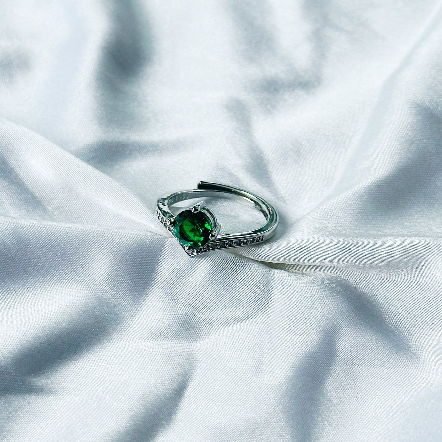 Green Emerald Cubic Zircon Stone American Diamond Silver Plated Adjustable Ring