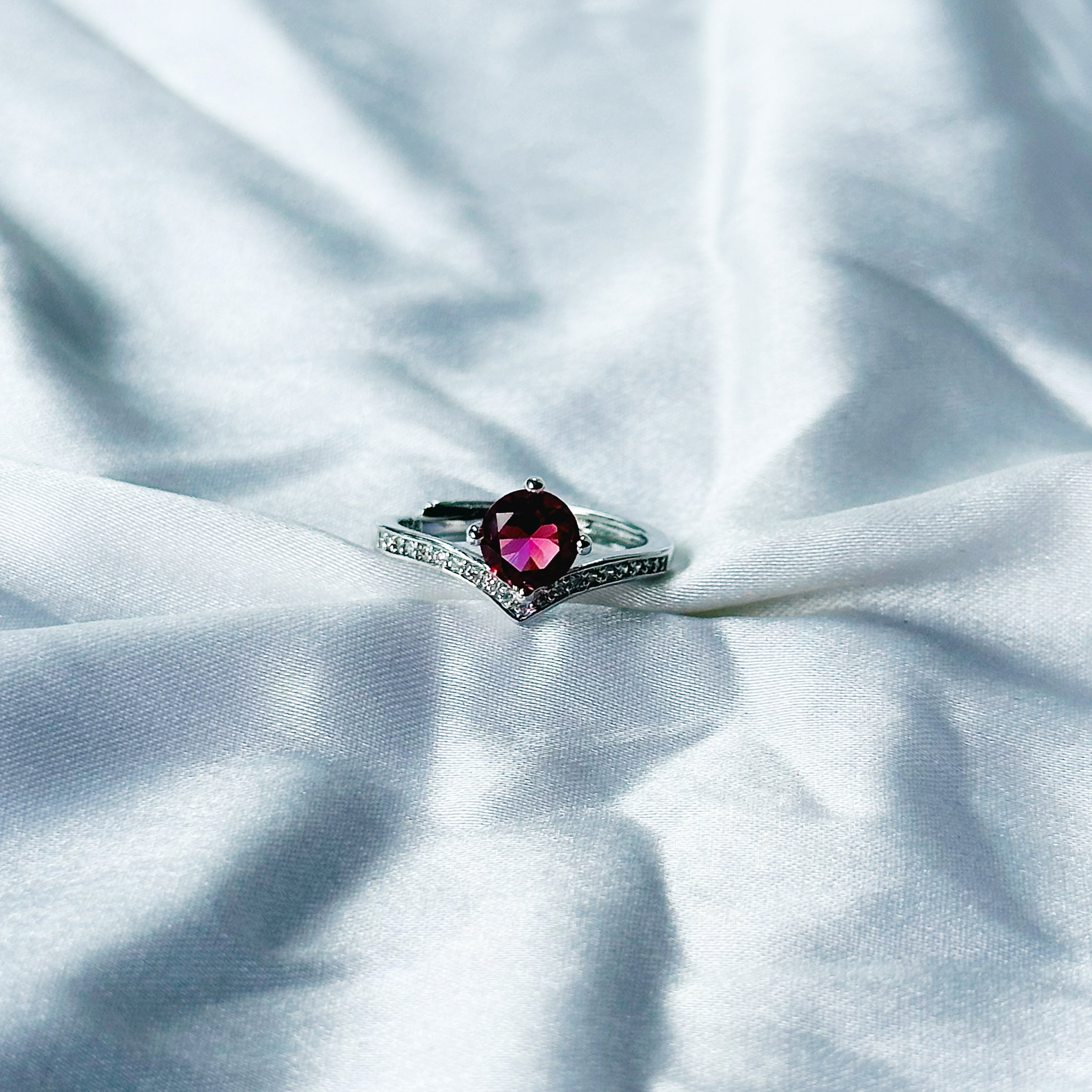 Red Ruby Cubic Zircon Stone American Diamond Silver Plated Adjustable Ring