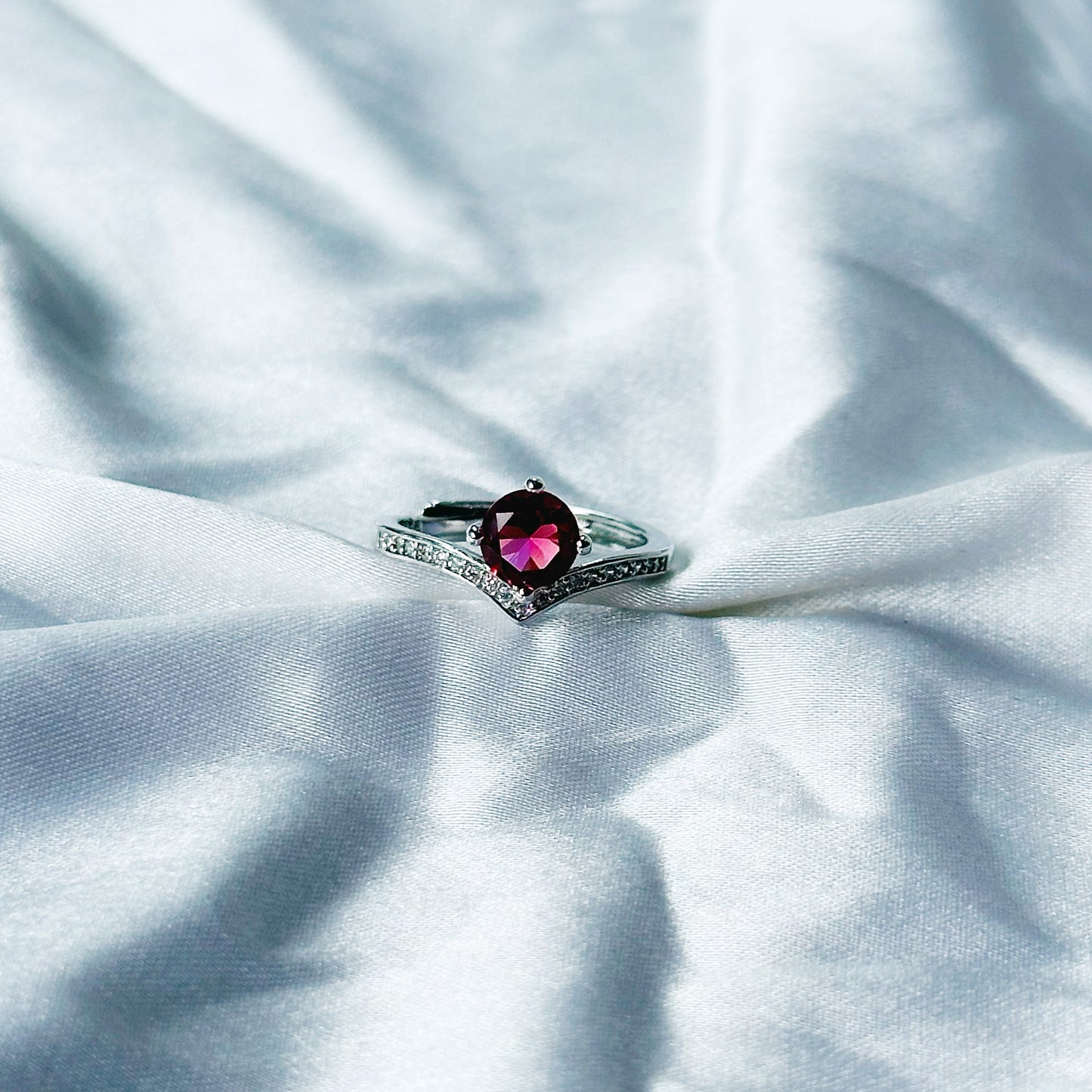 Red Ruby Cubic Zircon Stone American Diamond Silver Plated Adjustable Ring