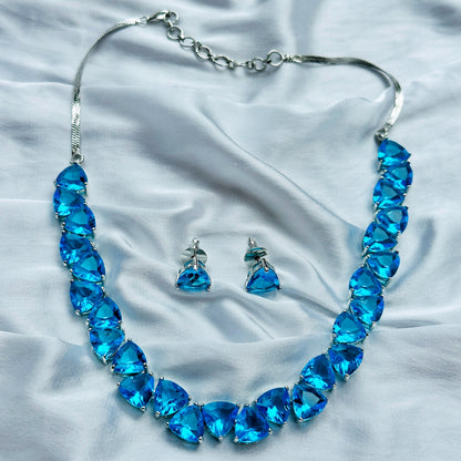 Ariva Collection Aqua Blue Sapphire Cubic Zircon Stones Silver Plated Necklace Set