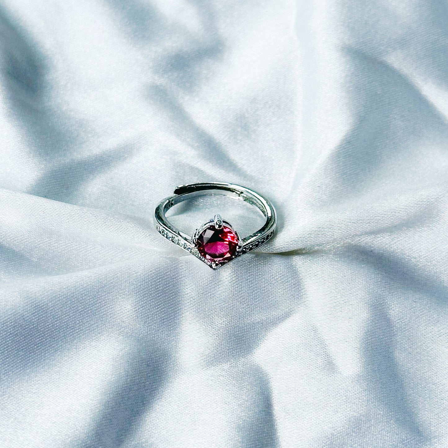 Red Ruby Cubic Zircon Stone American Diamond Silver Plated Adjustable Ring