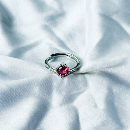 Red Ruby Cubic Zircon Stone American Diamond Silver Plated Adjustable Ring