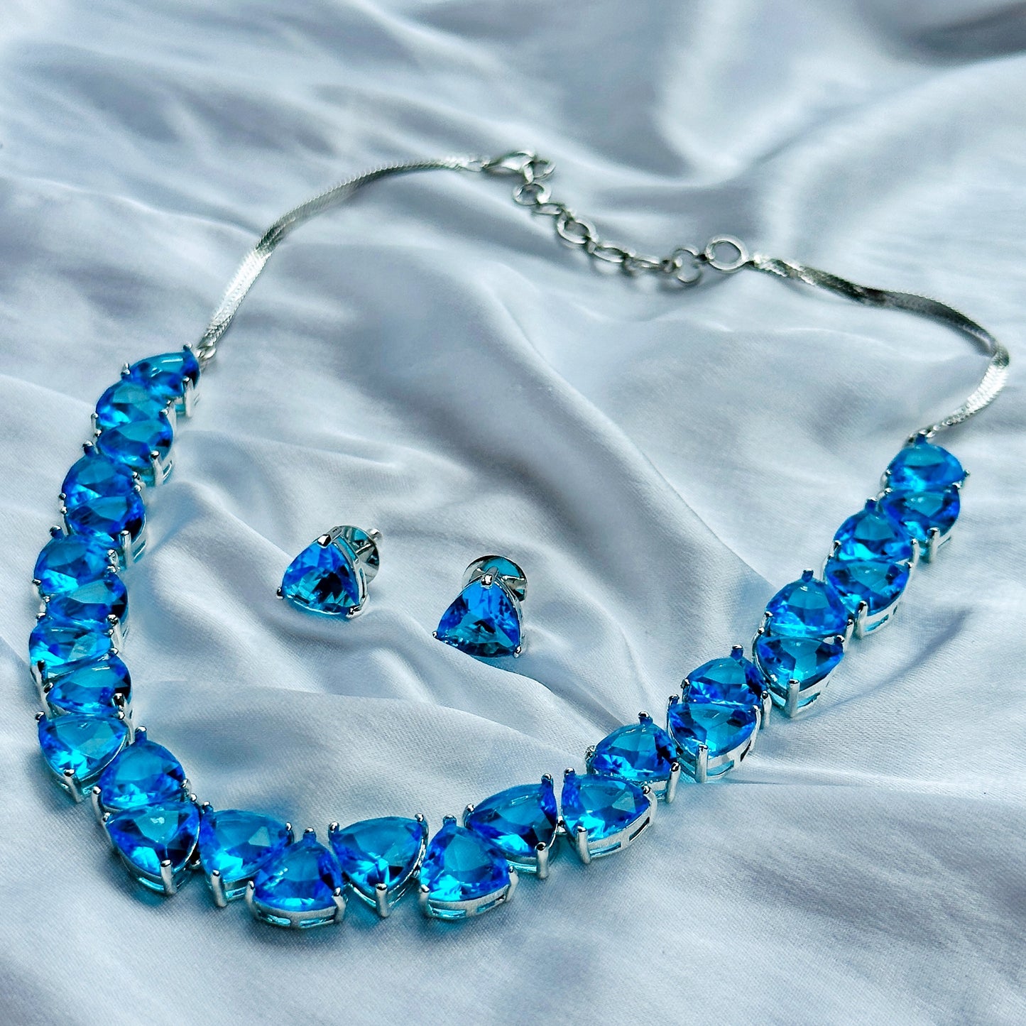 Ariva Collection Aqua Blue Sapphire Cubic Zircon Stones Silver Plated Necklace Set