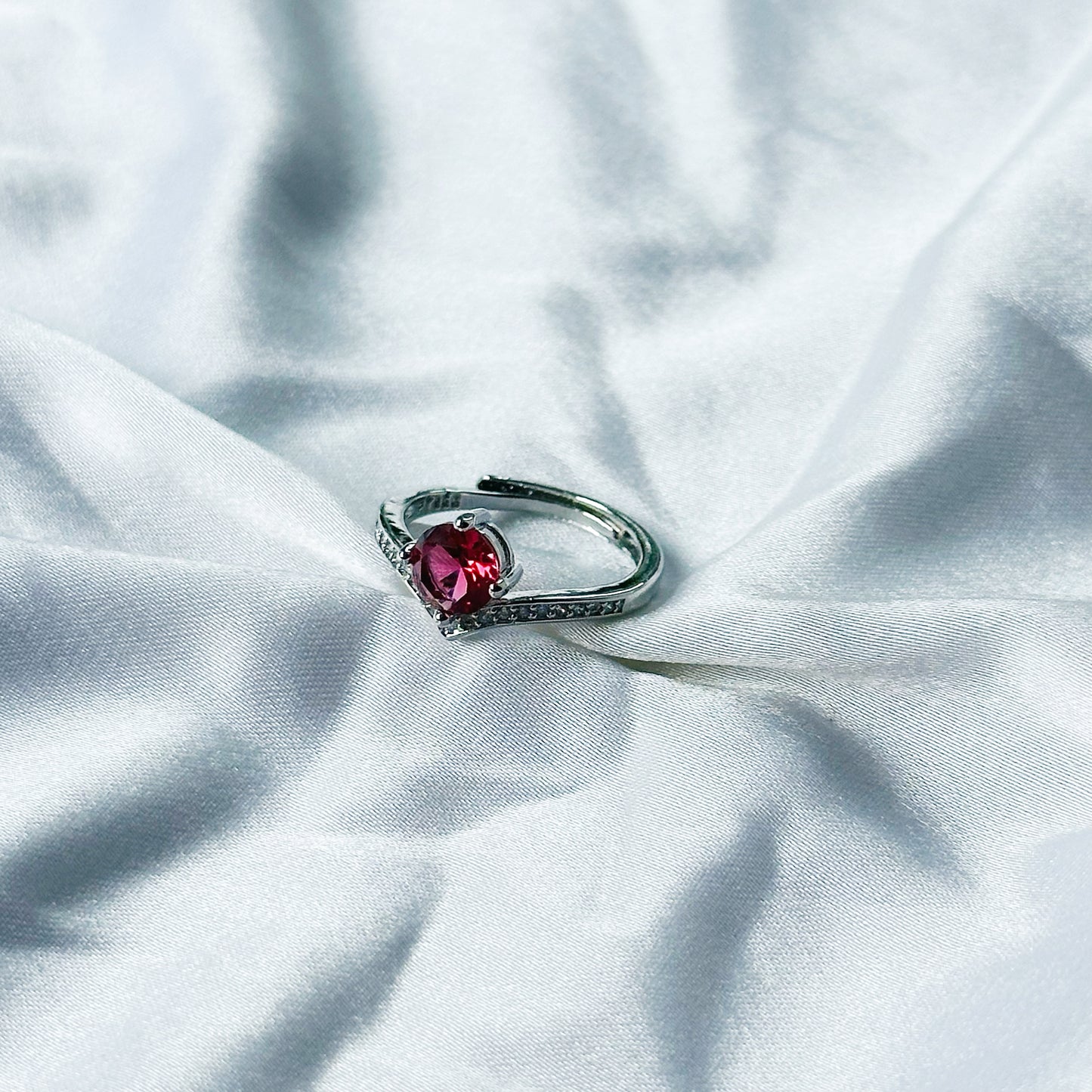Red Ruby Cubic Zircon Stone American Diamond Silver Plated Adjustable Ring