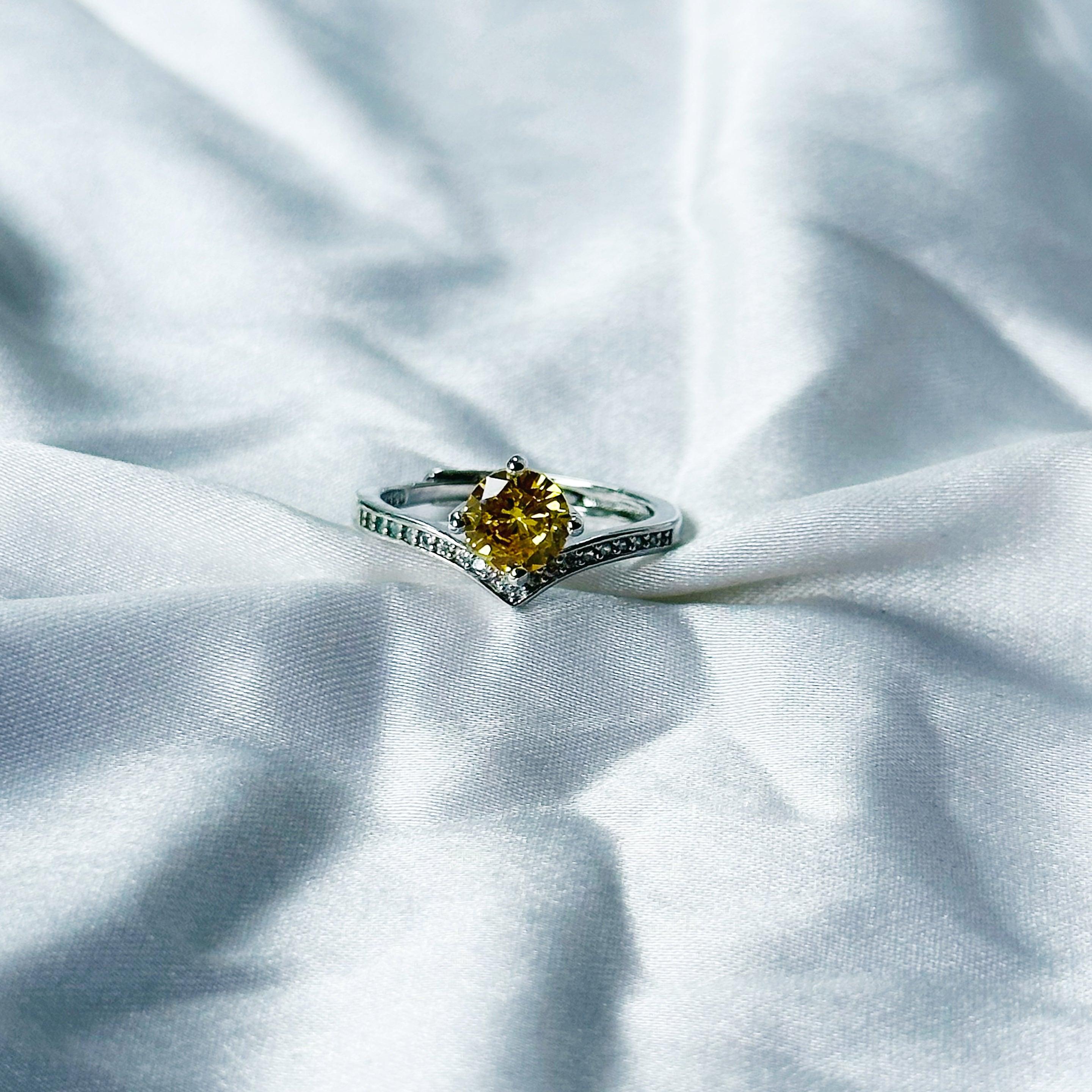 Yellow Topaz Cubic Zircon Stone American Diamond Silver Plated Adjustable Ring