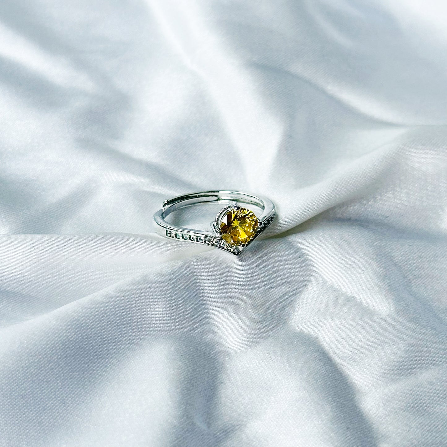 Yellow Topaz Cubic Zircon Stone American Diamond Silver Plated Adjustable Ring