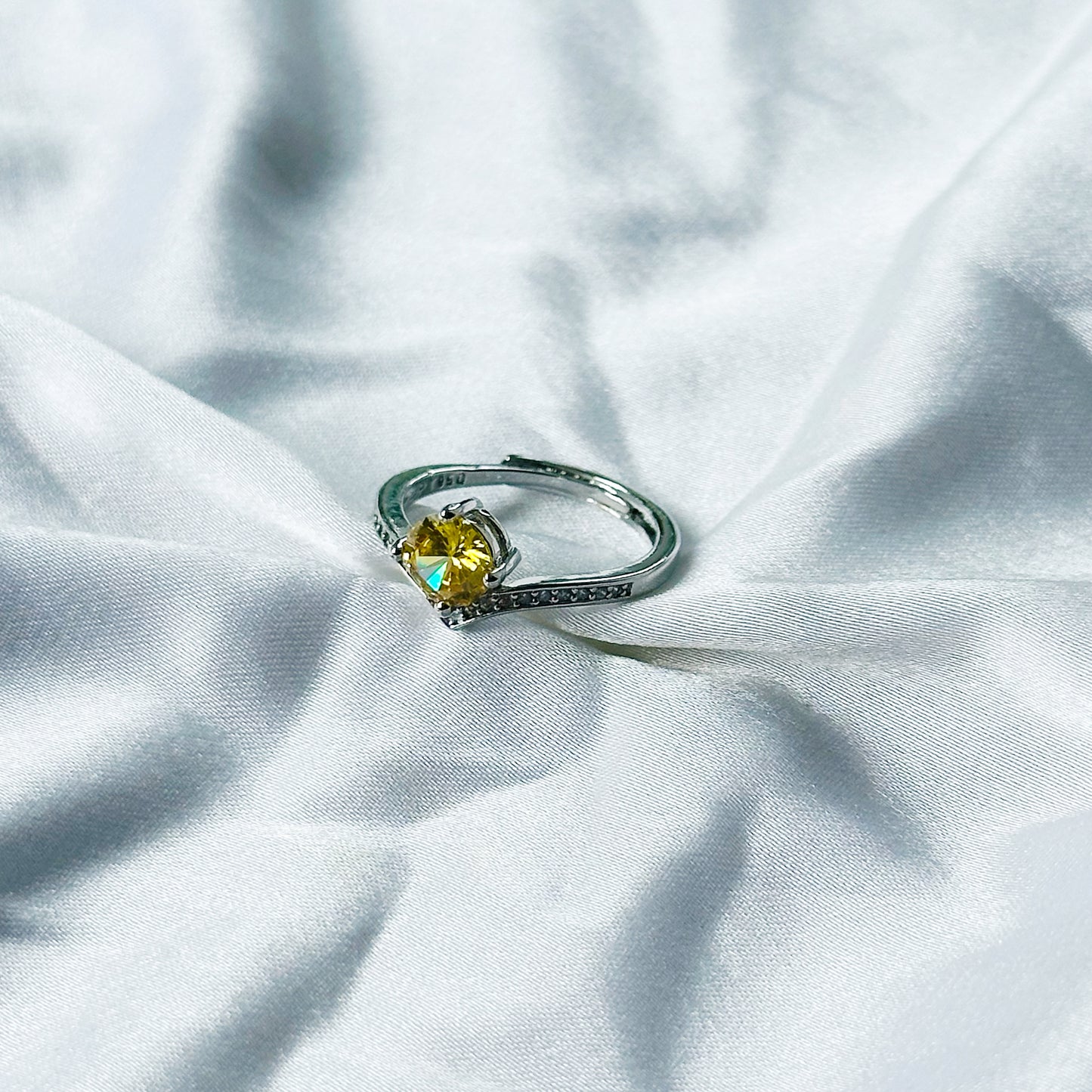 Yellow Topaz Cubic Zircon Stone American Diamond Silver Plated Adjustable Ring