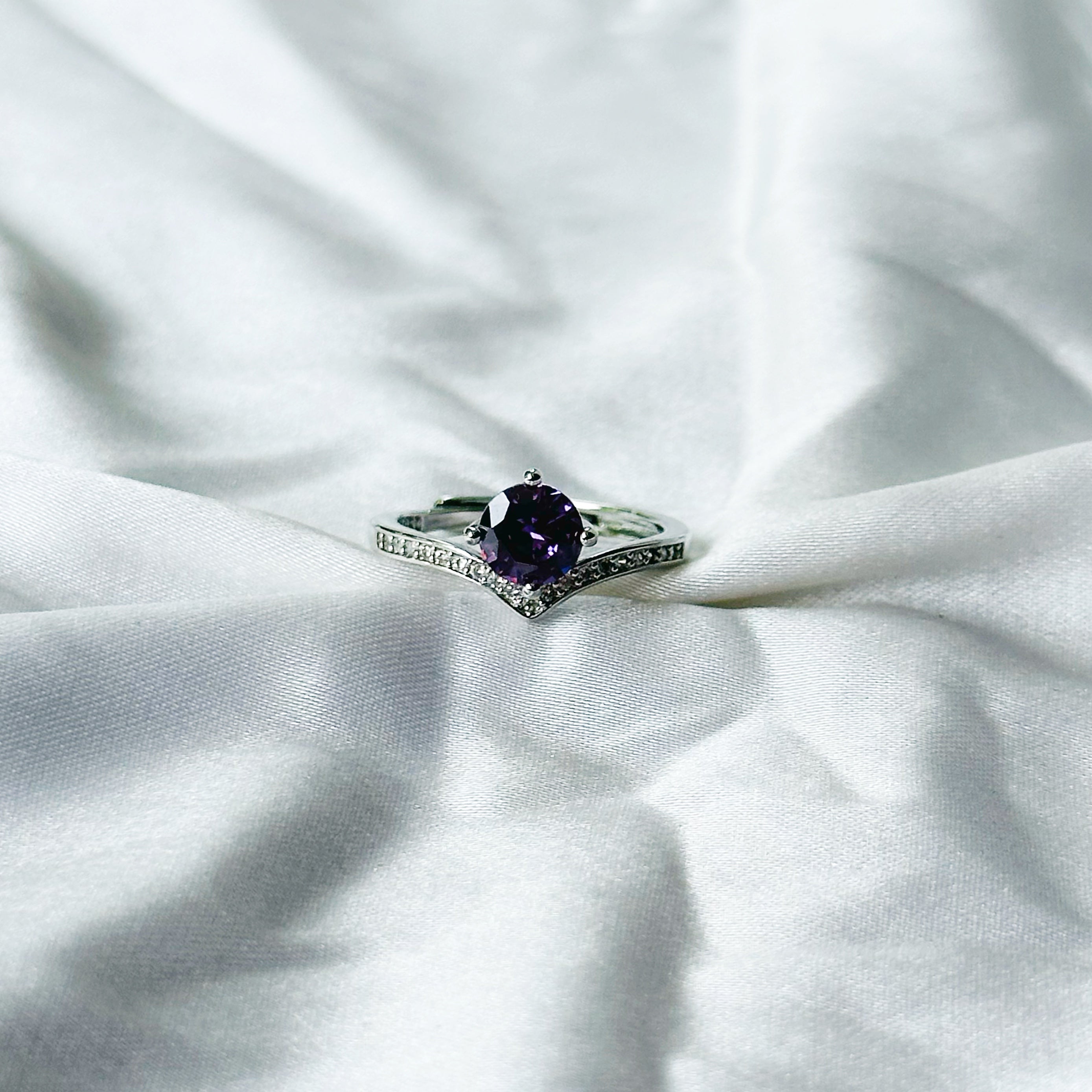 Deep Purple Amethyst Cubic Zircon Stone American Diamond Silver Plated Adjustable Ring