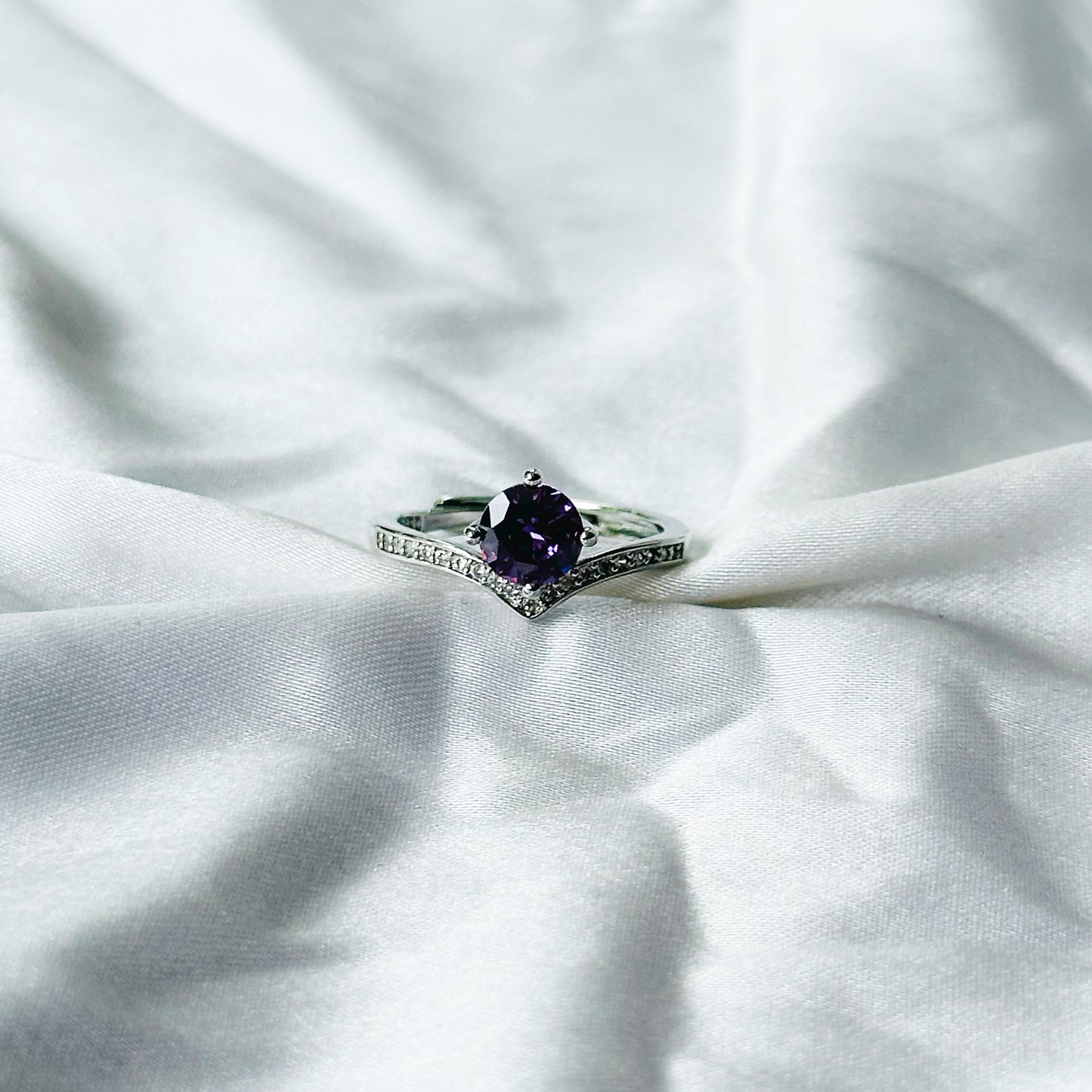 Deep Purple Amethyst Cubic Zircon Stone American Diamond Silver Plated Adjustable Ring