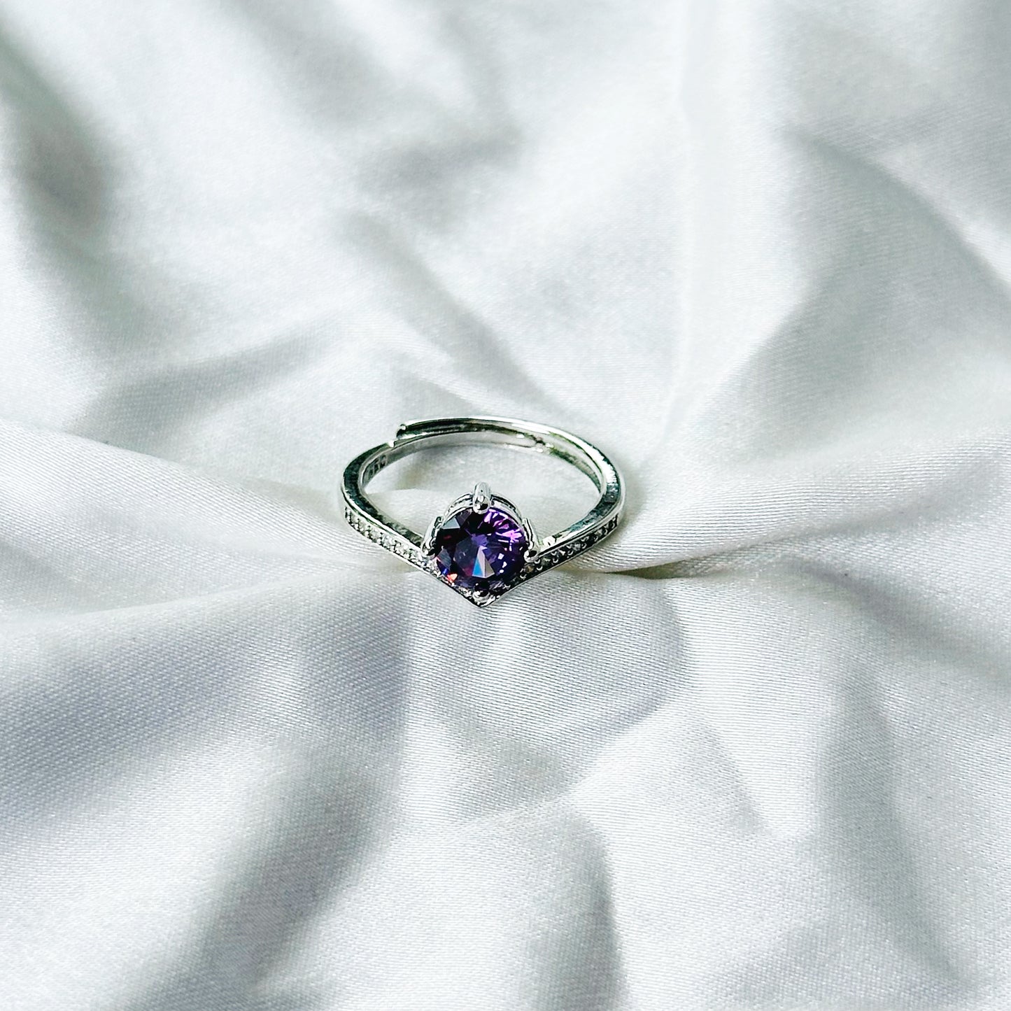 Deep Purple Amethyst Cubic Zircon Stone American Diamond Silver Plated Adjustable Ring