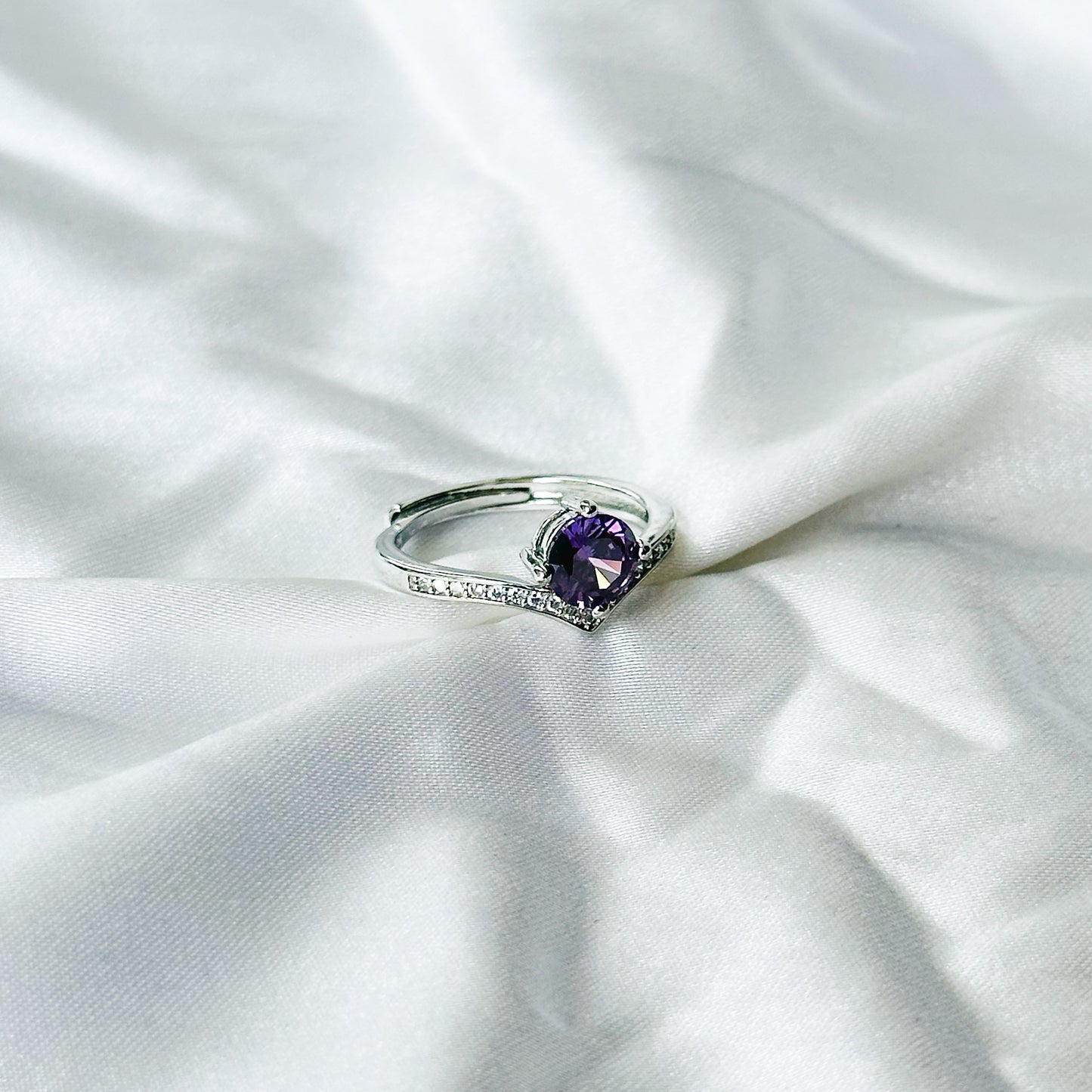 Deep Purple Amethyst Cubic Zircon Stone American Diamond Silver Plated Adjustable Ring