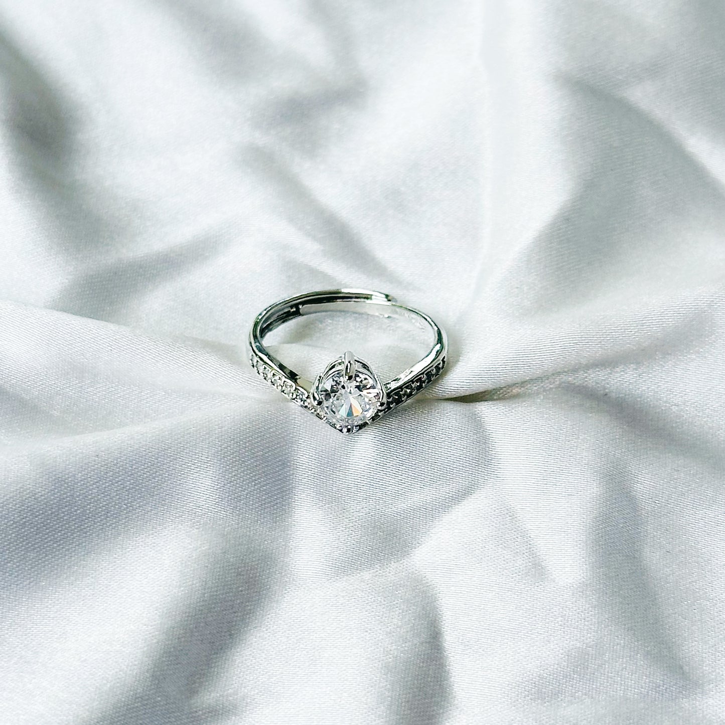 Solitaire Cubic Zircon Stone American Diamond Silver Plated Adjustable Ring