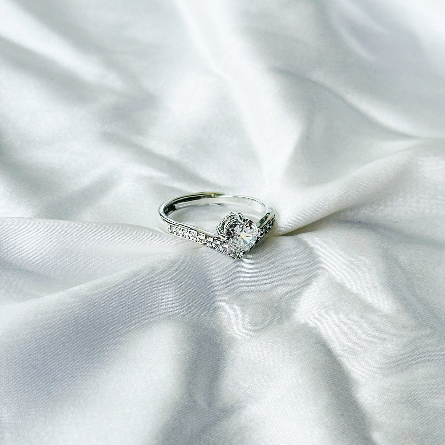 Solitaire Cubic Zircon Stone American Diamond Silver Plated Adjustable Ring