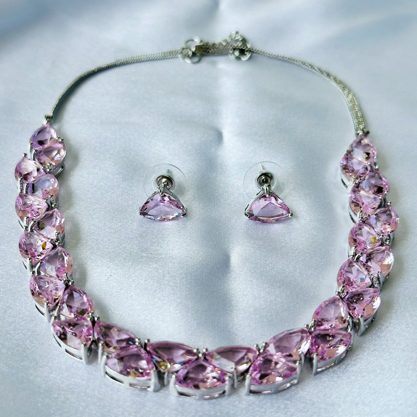 Pink Topaz Cubic Zircon Stones Silver Plated Necklace Set