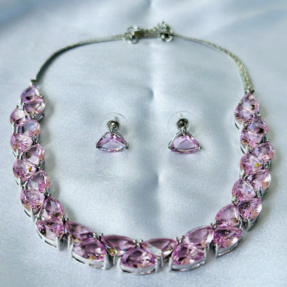 Pink Topaz Cubic Zircon Stones Silver Plated Necklace Set