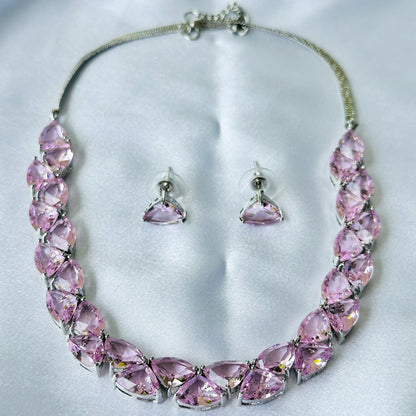 Pink Topaz Cubic Zircon Stones Silver Plated Necklace Set