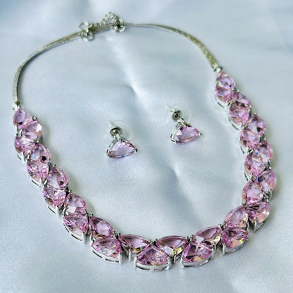 Pink Topaz Cubic Zircon Stones Silver Plated Necklace Set