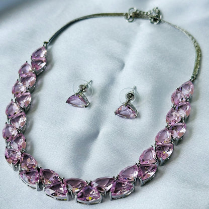 Pink Topaz Cubic Zircon Stones Silver Plated Necklace Set