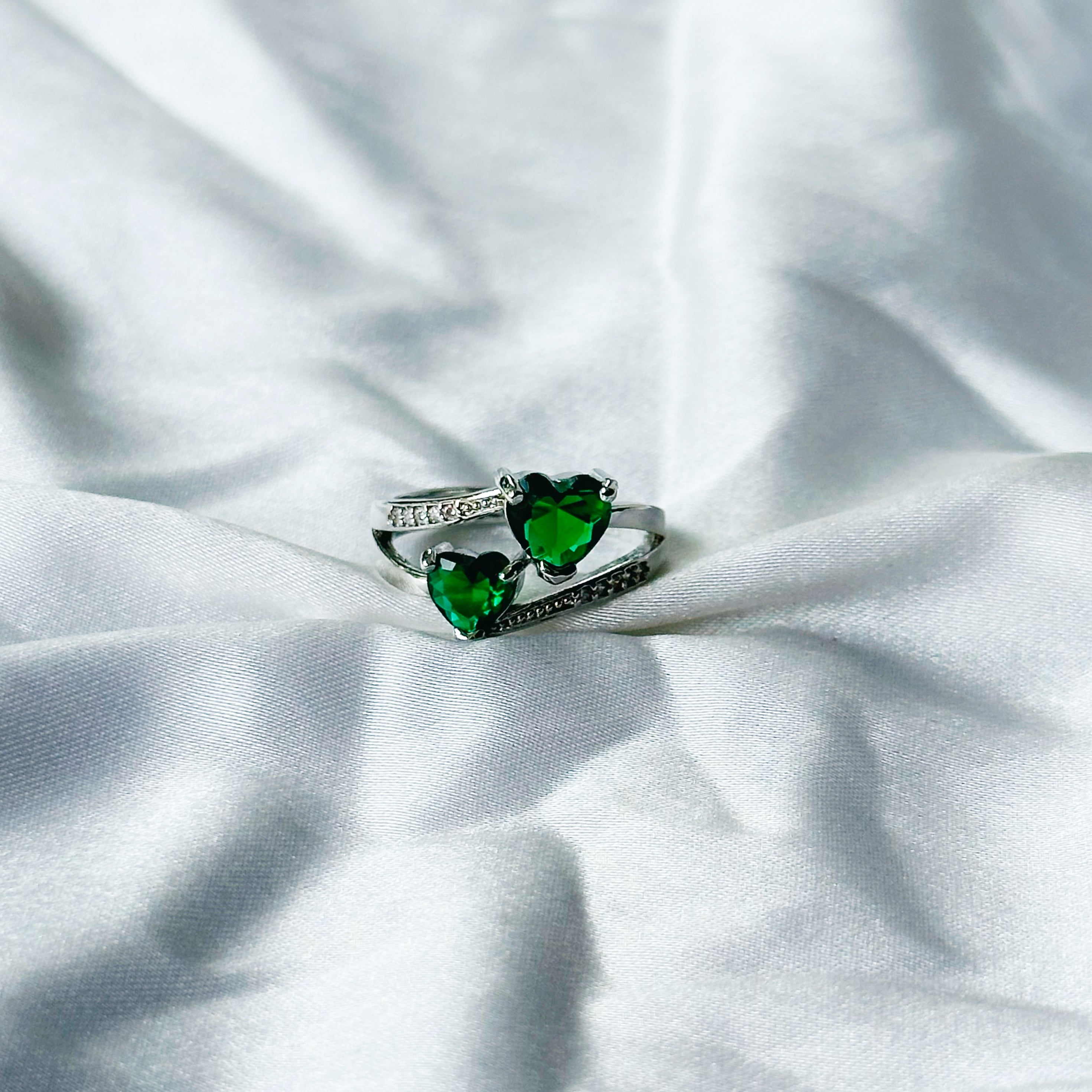 Green Emerald Cubic Zircon Stone American Diamond Silver Plated Adjustable Ring