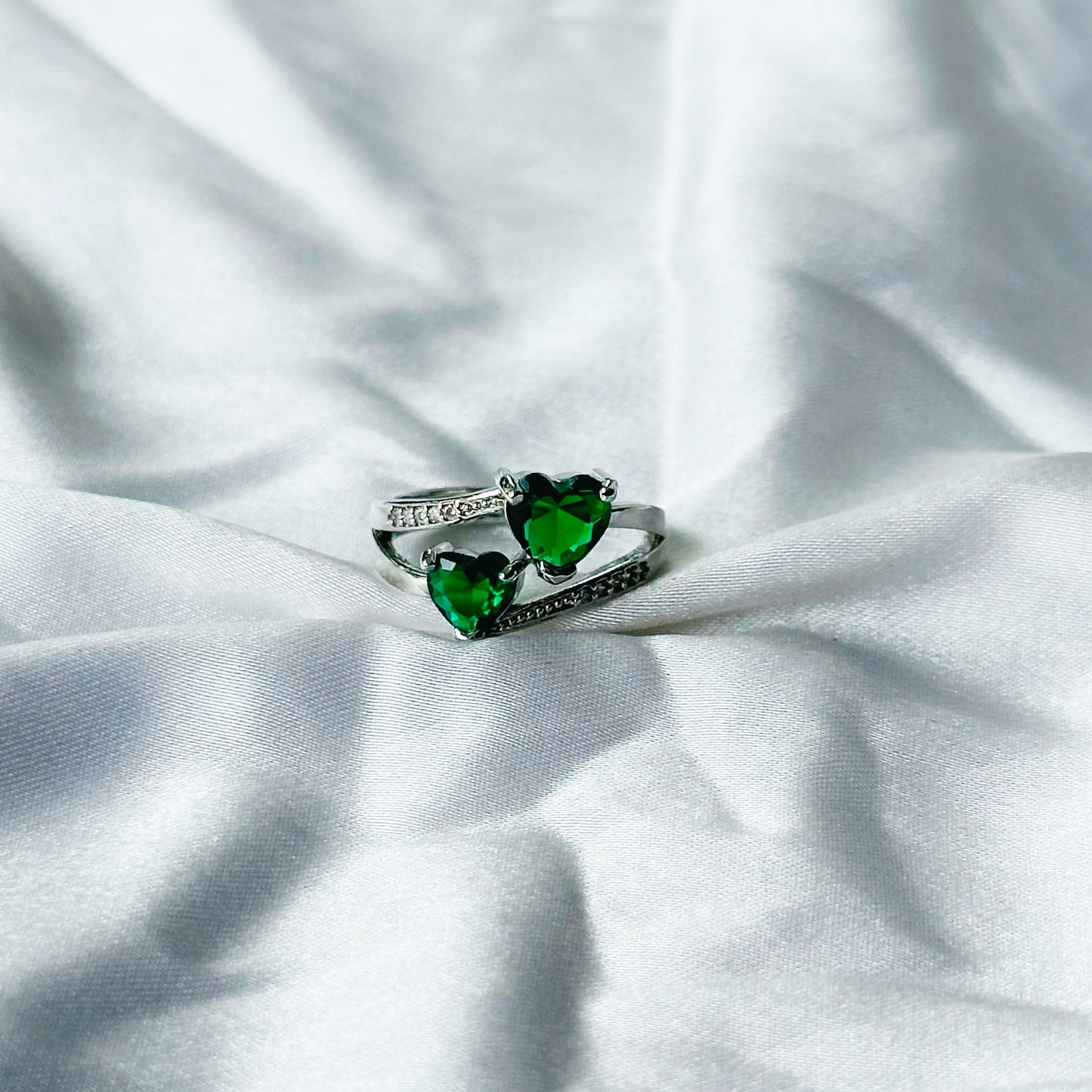 Green Emerald Cubic Zircon Stone American Diamond Silver Plated Adjustable Ring