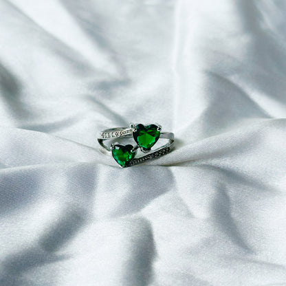 Green Emerald Cubic Zircon Stone American Diamond Silver Plated Adjustable Ring