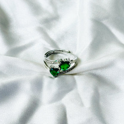 Green Emerald Cubic Zircon Stone American Diamond Silver Plated Adjustable Ring