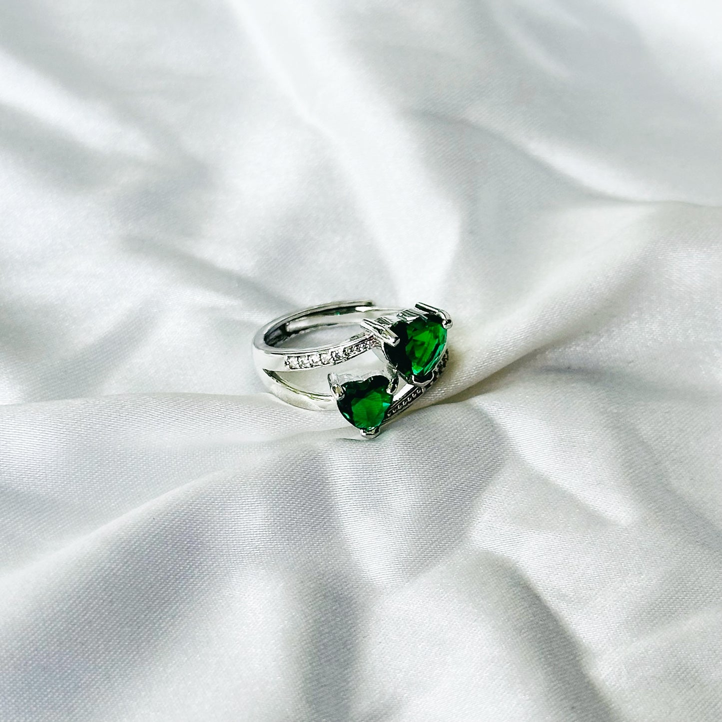 Green Emerald Cubic Zircon Stone American Diamond Silver Plated Adjustable Ring