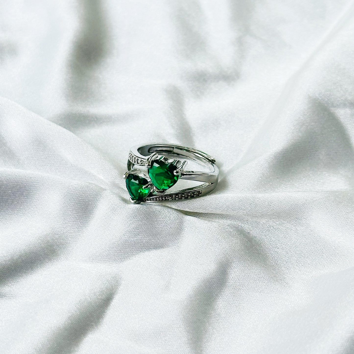 Green Emerald Cubic Zircon Stone American Diamond Silver Plated Adjustable Ring