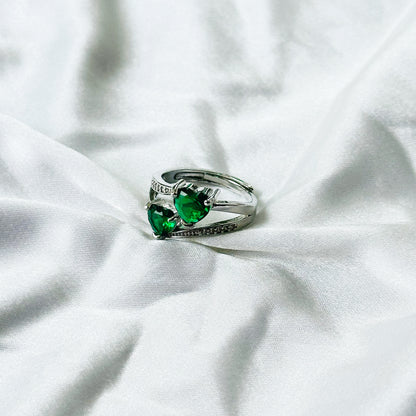 Green Emerald Cubic Zircon Stone American Diamond Silver Plated Adjustable Ring