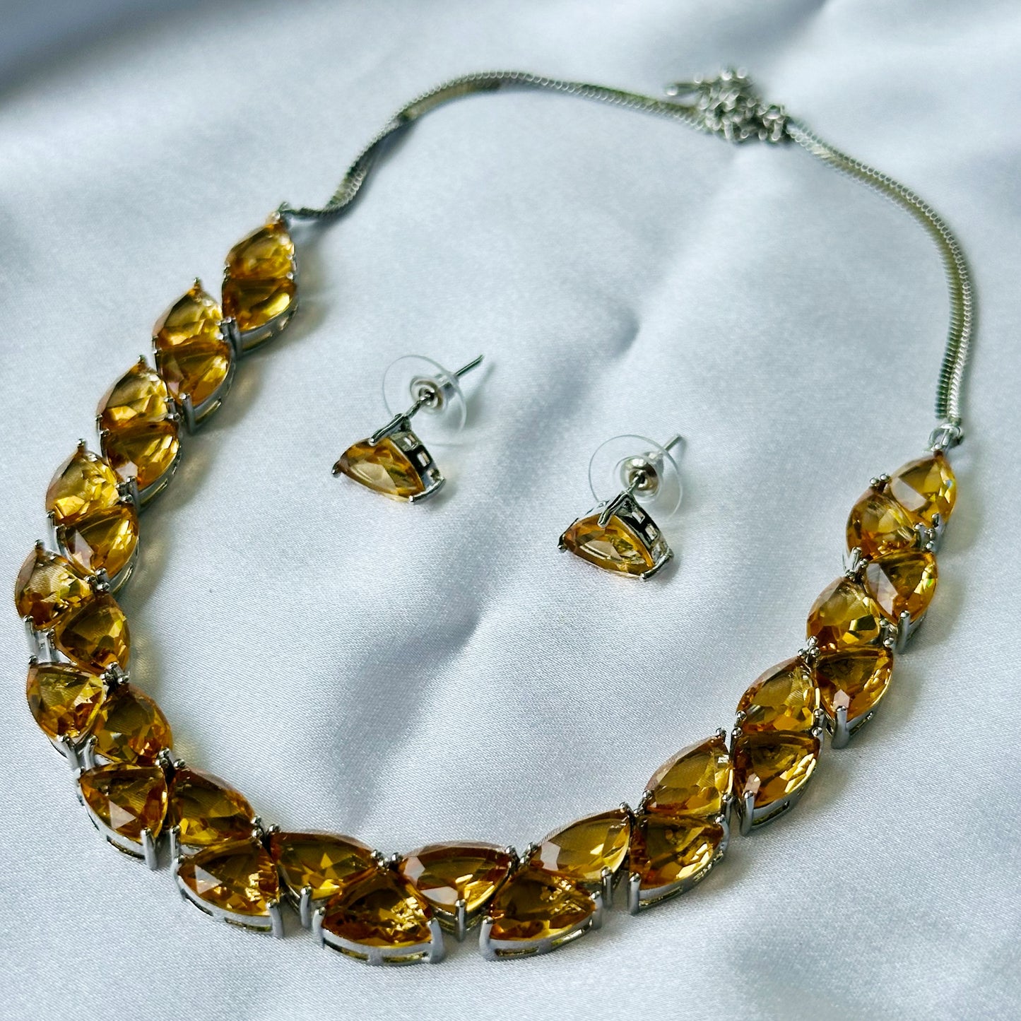 Champagne Cubic Zircon Stones Silver Plated Necklace Set