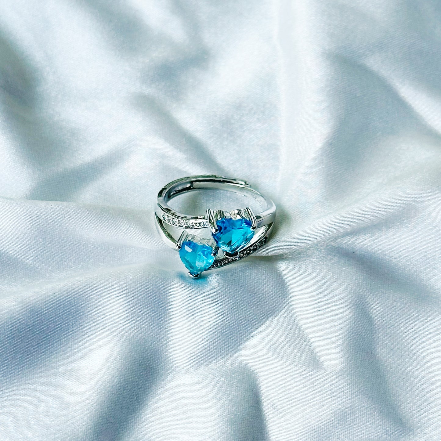 Aqua Blue Sapphire Cubic Zircon Stone American Diamond Silver Plated Adjustable Ring