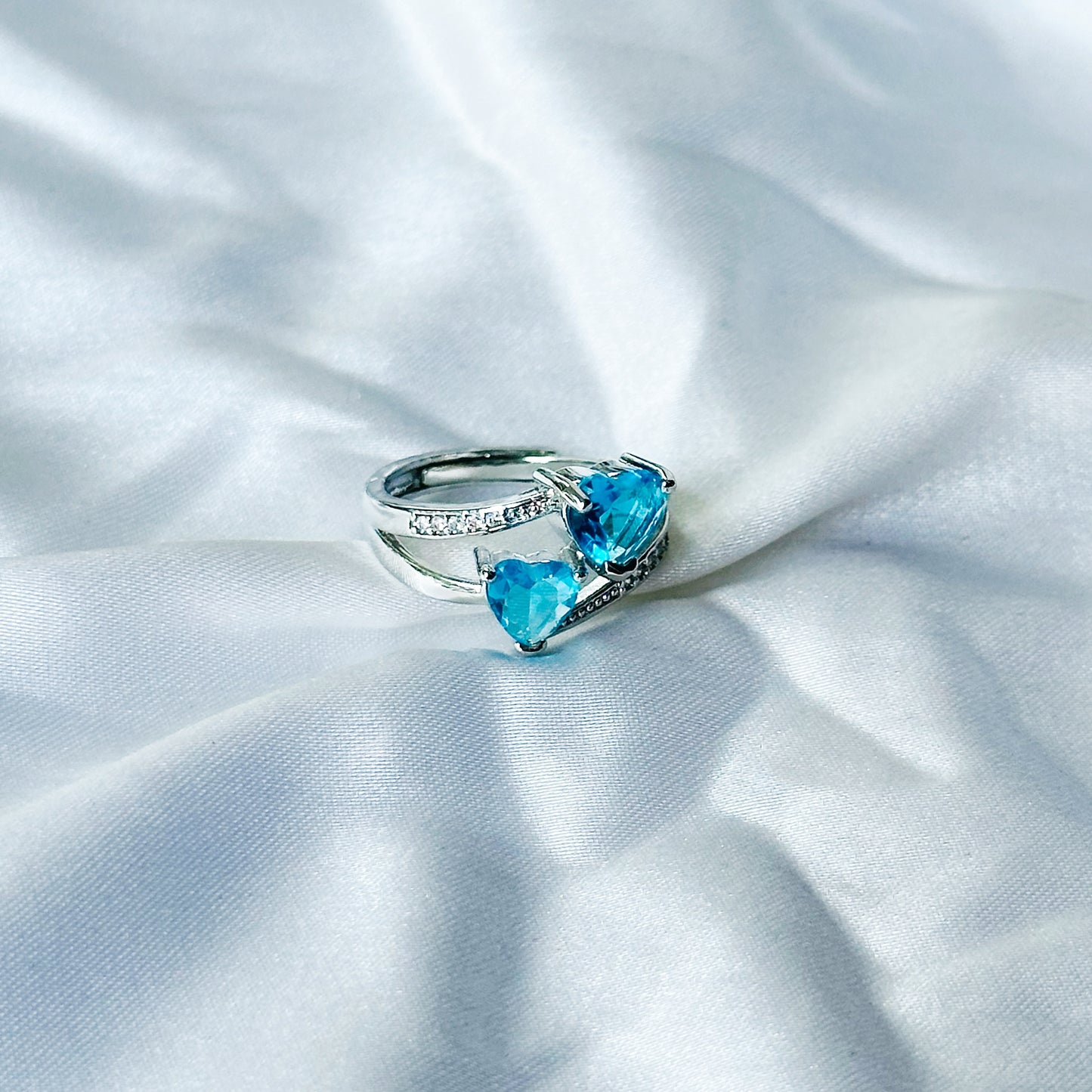 Aqua Blue Sapphire Cubic Zircon Stone American Diamond Silver Plated Adjustable Ring