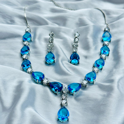 Aqua Blue Sapphire Cubic Zircon American Diamond Silver Plated Necklace Set