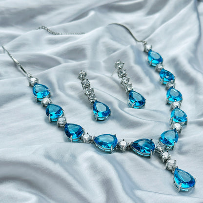 Aqua Blue Sapphire Cubic Zircon American Diamond Silver Plated Necklace Set