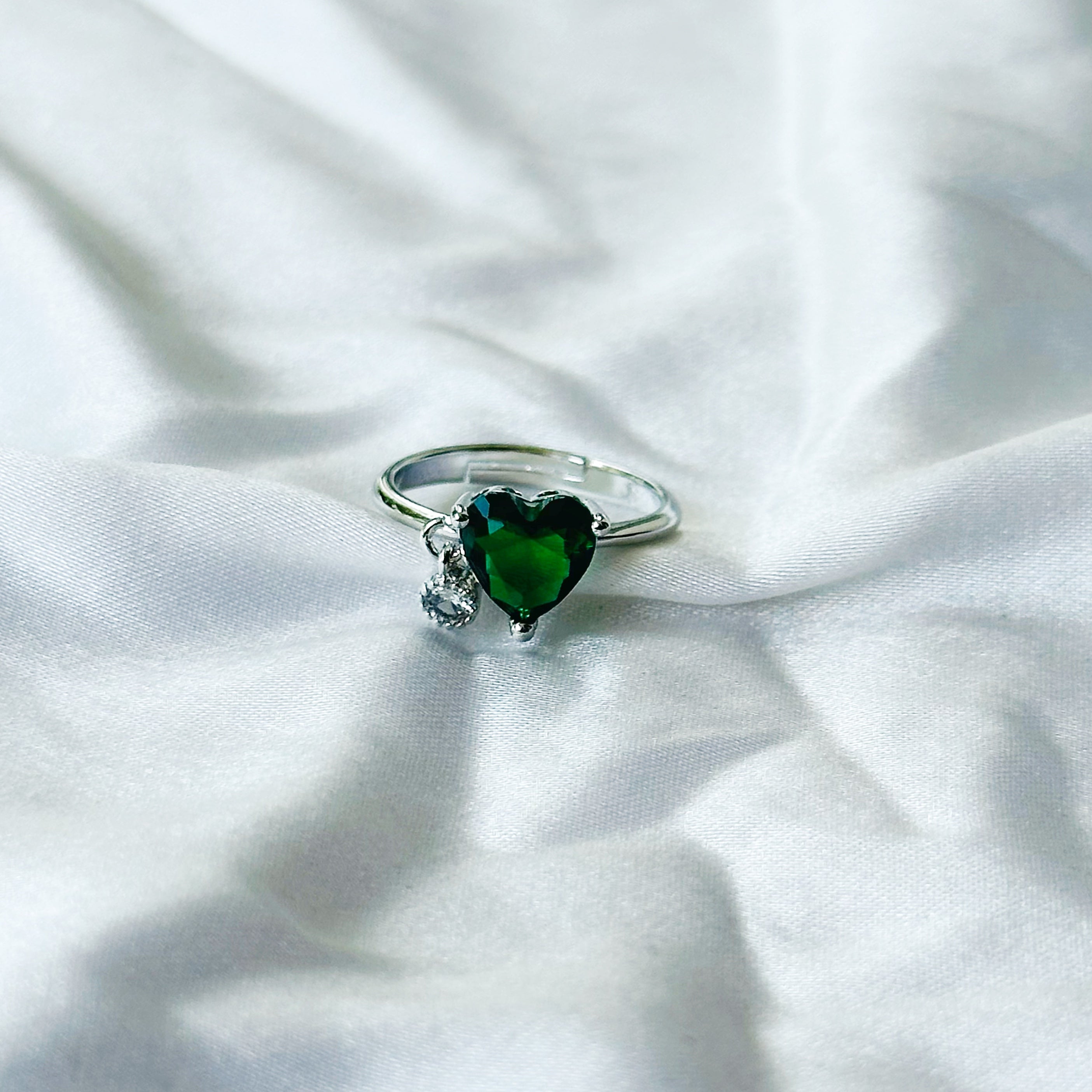 Green Emerald Cubic Zircon Stone American Diamond Silver Plated Adjustable Ring