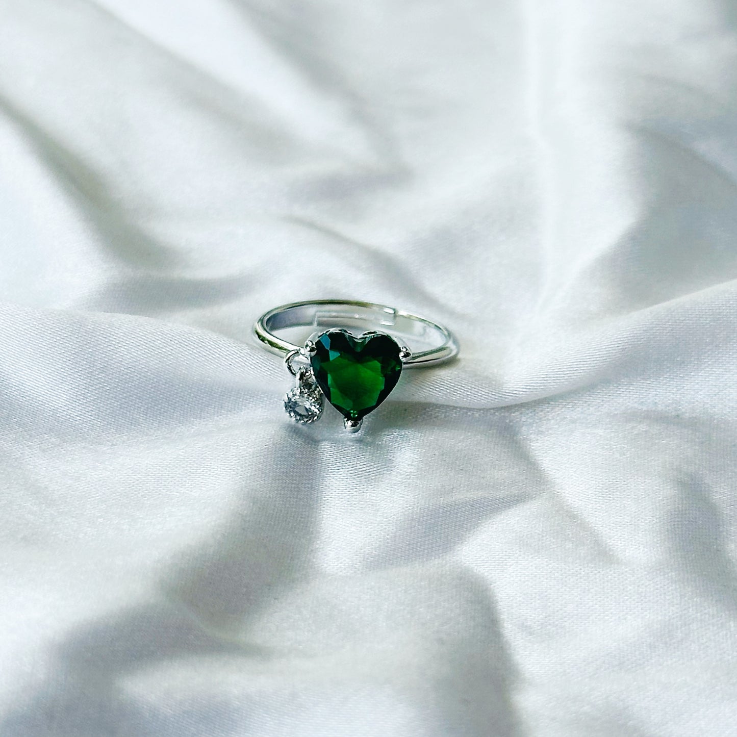 Green Emerald Cubic Zircon Stone American Diamond Silver Plated Adjustable Ring