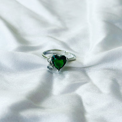 Green Emerald Cubic Zircon Stone American Diamond Silver Plated Adjustable Ring