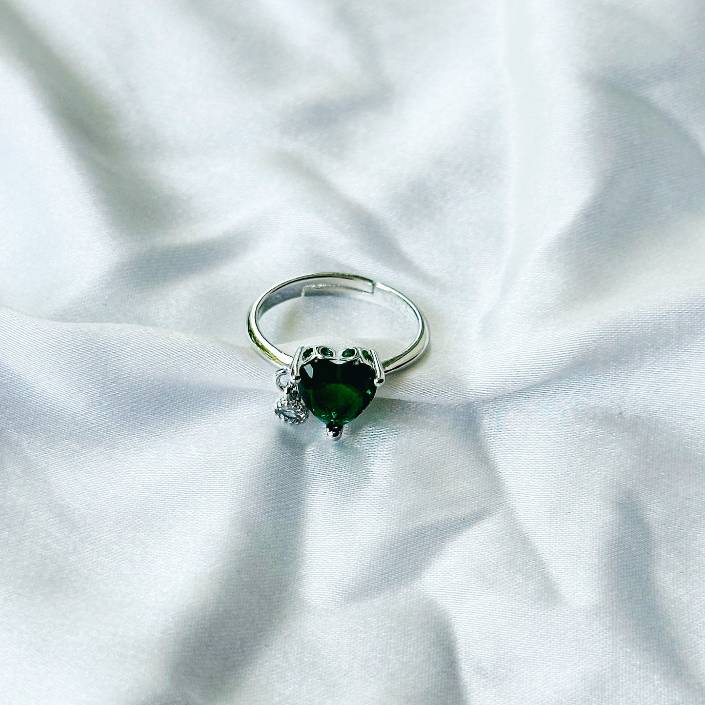 Green Emerald Cubic Zircon Stone American Diamond Silver Plated Adjustable Ring