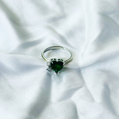 Green Emerald Cubic Zircon Stone American Diamond Silver Plated Adjustable Ring